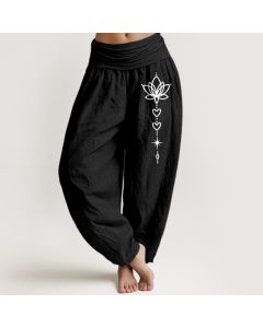 Buddha Stones Pure Cotton Lotus Heart Star Pattern Women's Elastic Waist Harem Pants - Black / US2，UK/AU6，EU34 (XS)