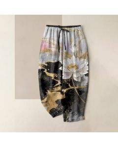 Buddha Stones Pure Cotton Lotus Ink Wash Pattern Women's Elastic Waist Pants With Pockets - SteelBlue / US16，UK/AU20，EU48 (3XL)