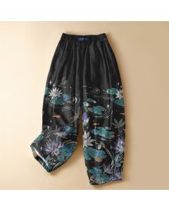 Buddha Stones Pure Cotton Lotus Koi Dragonfly Pattern Frog Button Women's Elastic Waist Harem Pants With Pockets - Black / US2，UK/AU6，EU34 (XS)