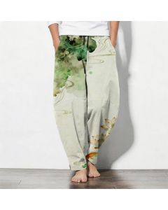Buddha Stones Pure Cotton Lotus Koi Ink Wash Pattern Drawstring Men's Tapered Pants With Pockets - Honeydew / US/UK/AU38，EU48 (M)
