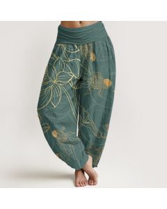 Buddha Stones Pure Cotton Lotus Leaf Koi Fish Women's Elastic Waist Harem Pants - PaleVioletRed / US22，UK/AU26，EU54 (6XL)