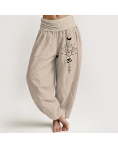 Buddha Stones Pure Cotton Lotus Moon Om Pattern Women's Elastic Waist Harem Pants - Tan / US2，UK/AU6，EU34 (XS)