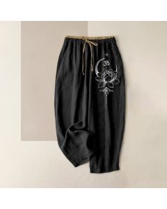 Buddha Stones Pure Cotton Lotus Moon Om Pattern Women's Elastic Waist Pants With Pockets - Black / US4，UK/AU8，EU36 (S)