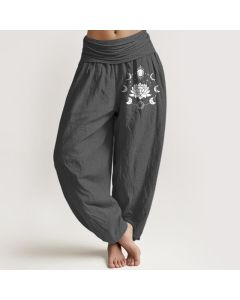 Buddha Stones Pure Cotton Lotus Moon Phases Pattern Women's Elastic Waist Harem Pants - DimGray / US2，UK/AU6，EU34 (XS)