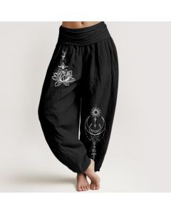 Buddha Stones Pure Cotton Lotus Moon Sun Pattern Women's Elastic Waist Harem Pants - Black / US2，UK/AU6，EU34 (XS)