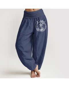 Buddha Stones Pure Cotton Lotus Om Bird Pattern Women's Elastic Waist Harem Pants - DarkSlateBlue / US2，UK/AU6，EU34 (XS)