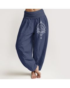 Buddha Stones Pure Cotton Lotus Om Mandala Pattern Women's Elastic Waist Harem Pants - DarkSlateBlue / US2，UK/AU6，EU34 (XS)