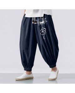 Buddha Stones Pure Cotton Lotus Om Pattern Drawstring Men's Harem Pants With Pockets - Navy / US/UK/AU38，EU48 (M)