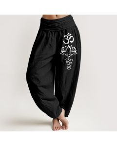 Buddha Stones Pure Cotton Lotus Om Pattern Women's Elastic Waist Harem Pants - Black / US2，UK/AU6，EU34 (XS)
