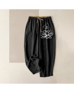 Buddha Stones Pure Cotton Lotus OM Pattern Women's Elastic Waist Pants With Pockets - SaddleBrown / US12，UK/AU16，EU44 (XL)