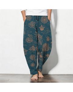Buddha Stones Pure Cotton Lotus Pavilion Cloud Pattern Drawstring Men's Tapered Pants With Pockets - Teal / US/UK/AU38，EU48 (M)