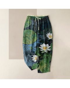 Buddha Stones Pure Cotton Lotus Pond Pattern Women's Elastic Waist Pants With Pockets - Blue / US4，UK/AU8，EU36 (S)