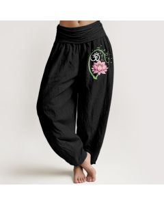 Buddha Stones Pure Cotton Lotus Vine Om Pattern Women's Elastic Waist Harem Pants - Black / US2，UK/AU6，EU34 (XS)