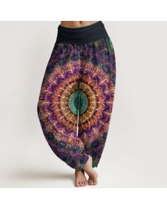 Buddha Stones Pure Cotton Mandala Feather Pattern Women's Elastic Waist Harem Pants - DarkOliveGreen / US16，UK/AU20，EU48 (3XL)