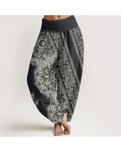 Buddha Stones Pure Cotton Mandala Pattern Parallel Flowers Women's Elastic Waist Harem Pants - Black / US22，UK/AU26，EU54 (6XL)