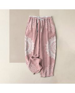 Buddha Stones Pure Cotton Mandala Pattern Women's Elastic Waist Pants With Pockets - DarkSeaGreen / US16，UK/AU20，EU48 (3XL)