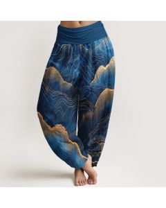 Buddha Stones Pure Cotton Midnight Mountain Gold Line Pattern Women's Elastic Waist Harem Pants - Teal / US2，UK/AU6，EU34 (XS)