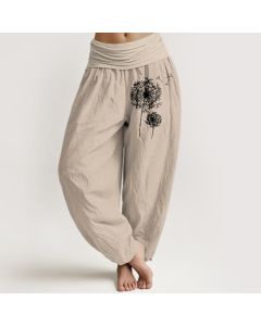 Buddha Stones Pure Cotton Minimalist Style Dandelion Pattern Women's Elastic Waist Harem Pants - OliveDrab / US14，UK/AU18，EU46 (2XL)