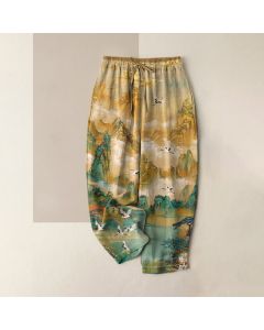 Buddha Stones Pure Cotton Misty Mountain Crane Pattern Women's Elastic Waist Pants With Pockets - Turquoise / US4，UK/AU8，EU36 (S)