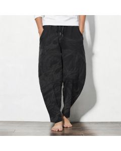 Buddha Stones Pure Cotton Mystic Dragon Wave Pattern Drawstring Men's Tapered Pants With Pockets - Black / US/UK/AU38，EU48 (M)
