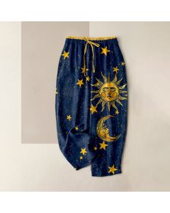 Buddha Stones Pure Cotton Mystic Moon Sun Pattern Women's Elastic Waist Pants With Pockets - Teal / US4，UK/AU8，EU36 (S)
