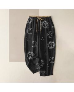 Buddha Stones Pure Cotton Mystical Moon Sun Pattern Women's Elastic Waist Pants With Pockets - Teal / US4，UK/AU8，EU36 (S)