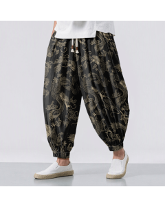 Buddha Stones Pure Cotton Mythic Dragon Auspicious Clouds Pattern Drawstring Men's Harem Pants With Pockets - Black / US/UK/AU38，EU48 (M)