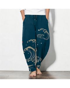 Buddha Stones Pure Cotton Ocean Tide Wave Pattern Drawstring Men's Tapered Pants With Pockets - Teal / US/UK/AU38，EU48 (M)