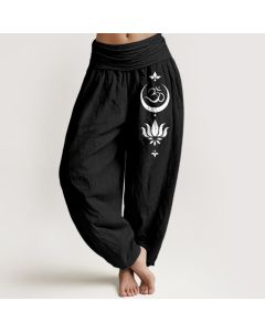 Buddha Stones Pure Cotton Om Lotus Moon Pattern Women's Elastic Waist Harem Pants - OliveDrab / US4，UK/AU8，EU36 (S)