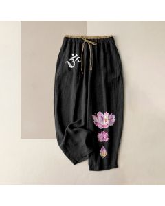 Buddha Stones Pure Cotton OM Pink Lotus Pattern Women's Elastic Waist Pants With Pockets - CadetBlue / US12，UK/AU16，EU44 (XL)