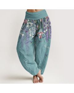 Buddha Stones Pure Cotton Orchid Birds Pattern Women's Elastic Waist Harem Pants - Honeydew / US16，UK/AU20，EU48 (3XL)