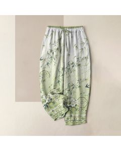 Buddha Stones Pure Cotton Oriental Bamboo Blossom Pattern Women's Elastic Waist Pants With Pockets - Turquoise / US4，UK/AU8，EU36 (S)