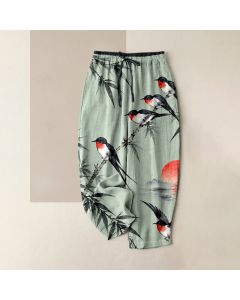 Buddha Stones Pure Cotton Oriental Bird Bamboo Pattern Women's Elastic Waist Pants With Pockets - Aquamarine / US4，UK/AU8，EU36 (S)