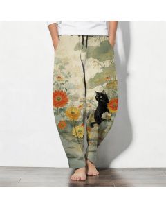 Buddha Stones Pure Cotton Oriental Black Cat Floral Pattern Drawstring Men's Tapered Pants With Pockets - PaleTurquoise / US/UK/AU38，EU48 (M)