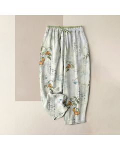 Buddha Stones Pure Cotton Oriental Citrus Butterfly Pattern Women's Elastic Waist Pants With Pockets - PaleTurquoise / US4，UK/AU8，EU36 (S)