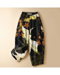 Buddha Stones Pure Cotton Oriental Crane Blossom Flowers Auspicious Clouds Pattern Frog Button Women's Elastic Waist Harem Pants With Pockets - Turquoise / US2，UK/AU6，EU34 (XS)