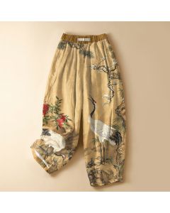 Buddha Stones Pure Cotton Oriental Crane Blossom Pattern Frog Button Women's Elastic Waist Harem Pants With Pockets - PaleTurquoise / US2,UK/AU6,EU34 (XS)