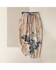 Buddha Stones Pure Cotton Oriental Crane Fan Pattern Women's Elastic Waist Pants With Pockets - SeaGreen / US16，UK/AU20，EU48 (3XL)