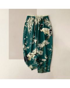 Buddha Stones Pure Cotton Oriental Crane Floral Pattern Women's Elastic Waist Pants With Pockets - Teal / US4，UK/AU8，EU36 (S)