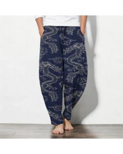 Buddha Stones Pure Cotton Oriental Dragon Cloud Pattern Drawstring Men's Tapered Pants With Pockets - Navy / US/UK/AU38，EU48 (M)