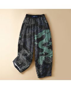 Buddha Stones Pure Cotton Oriental Dragon Wave Pattern Frog Button Women's Elastic Waist Harem Pants With Pockets - Black / US2，UK/AU6，EU34 (XS)