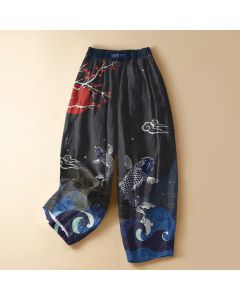 Buddha Stones Pure Cotton Oriental Koi Sun Wave Pattern Frog Button Women's Elastic Waist Harem Pants With Pockets - Black / US2，UK/AU6，EU34 (XS)