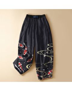 Buddha Stones Pure Cotton Oriental Koi Water Pattern Frog Button Women's Elastic Waist Harem Pants With Pockets - Black / US2，UK/AU6，EU34 (XS)