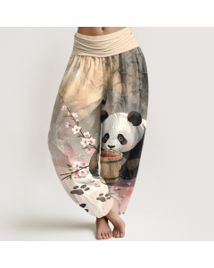 Buddha Stones Pure Cotton Panda Bamboo Blossom Pattern Women's Elastic Waist Harem Pants - Plum / US16，UK/AU20，EU48 (3XL)