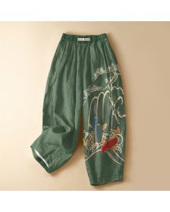 Buddha Stones Pure Cotton Pine Tree Koi Waterfall Pattern Frog Button Women's Elastic Waist Harem Pants With Pockets - SeaGreen / US2，UK/AU6，EU34 (XS)