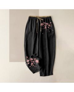 Buddha Stones Pure Cotton Pink Blossom Pattern Women's Elastic Waist Pants With Pockets - SaddleBrown / US16,UK/AU20,EU48 (3XL)