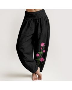Buddha Stones Pure Cotton Pink Floral Lotus Pattern Women's Elastic Waist Harem Pants - Black / US2，UK/AU6，EU34 (XS)