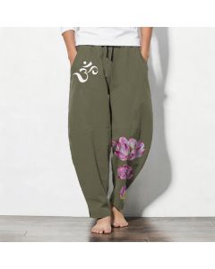 Buddha Stones Pure Cotton Pink Lotus Om Pattern Drawstring Men's Tapered Pants With Pockets - Teal / US/UK/AU48，EU58 (4XL)