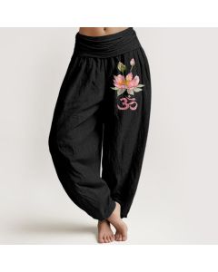 Buddha Stones Pure Cotton Pink Lotus Om Pattern Women's Elastic Waist Harem Pants - DimGray / US8-10，UK/AU12-14，EU40-42 (L)