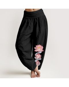 Buddha Stones Pure Cotton Pink Lotus Pattern Women's Elastic Waist Harem Pants - DarkSlateBlue / US2，UK/AU6，EU34 (XS)